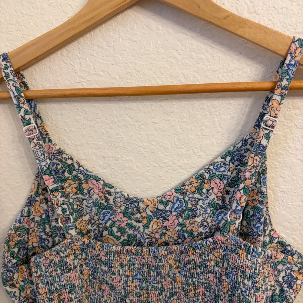 Old Navy Ditsy Floral Mini Dress M Linen Blend Cottagecore Smocked Fit & Flare - Picture 7 of 11